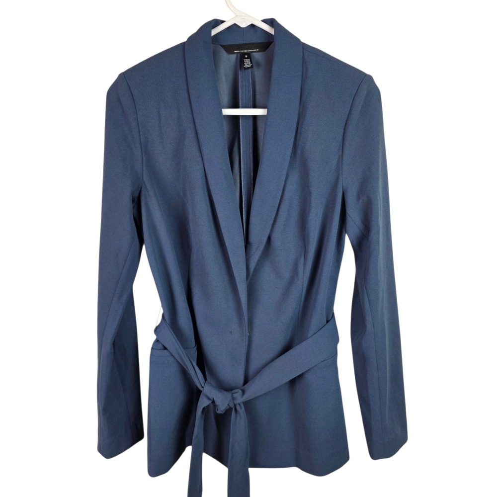 White House Black Market Blazer Womens 6 Blue Excellent Belted Shawl Collar